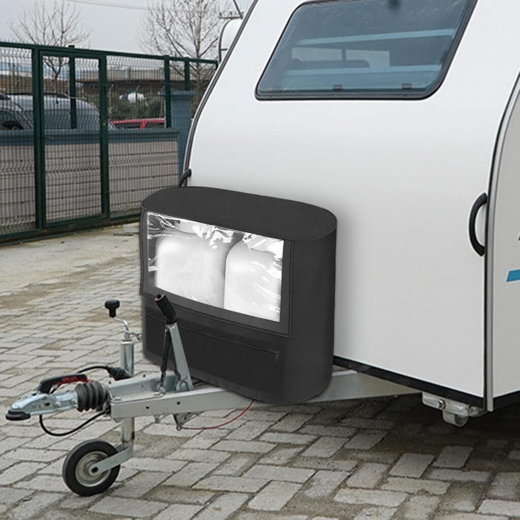 SIRUITON RV Trailer Propane Tank Cover, Visible for Valve, Fit for Dual 20lb Tanks, 600D Heavy Duty Oxford Cloth Replacement Covers for RV/Trailer/Camper, RV Parts RV Accessories (Black)