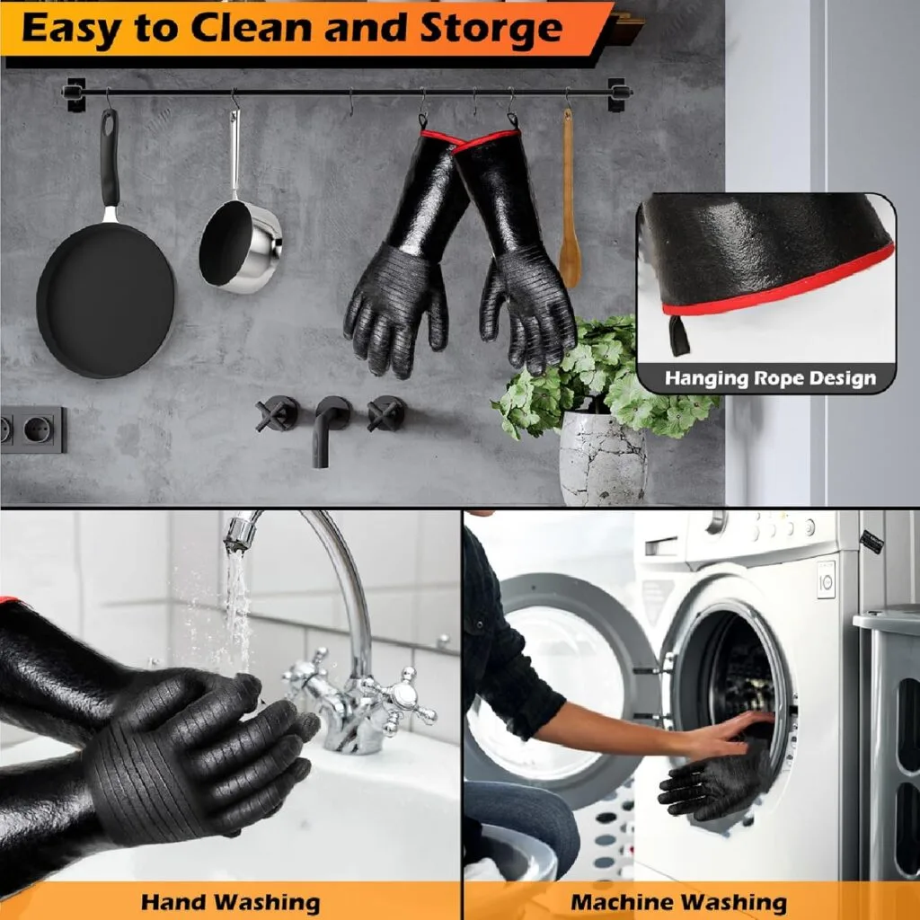BBQ Gloves - 1472°F Thicken Heat Resistant Gloves w/S-Hook 14 in Kitchen Oven Mitts Waterproof Grill Gloves Oil Resistant Grilling Gloves Cooking Gloves for Turkey Fryer/Baking/Oven/Smoker