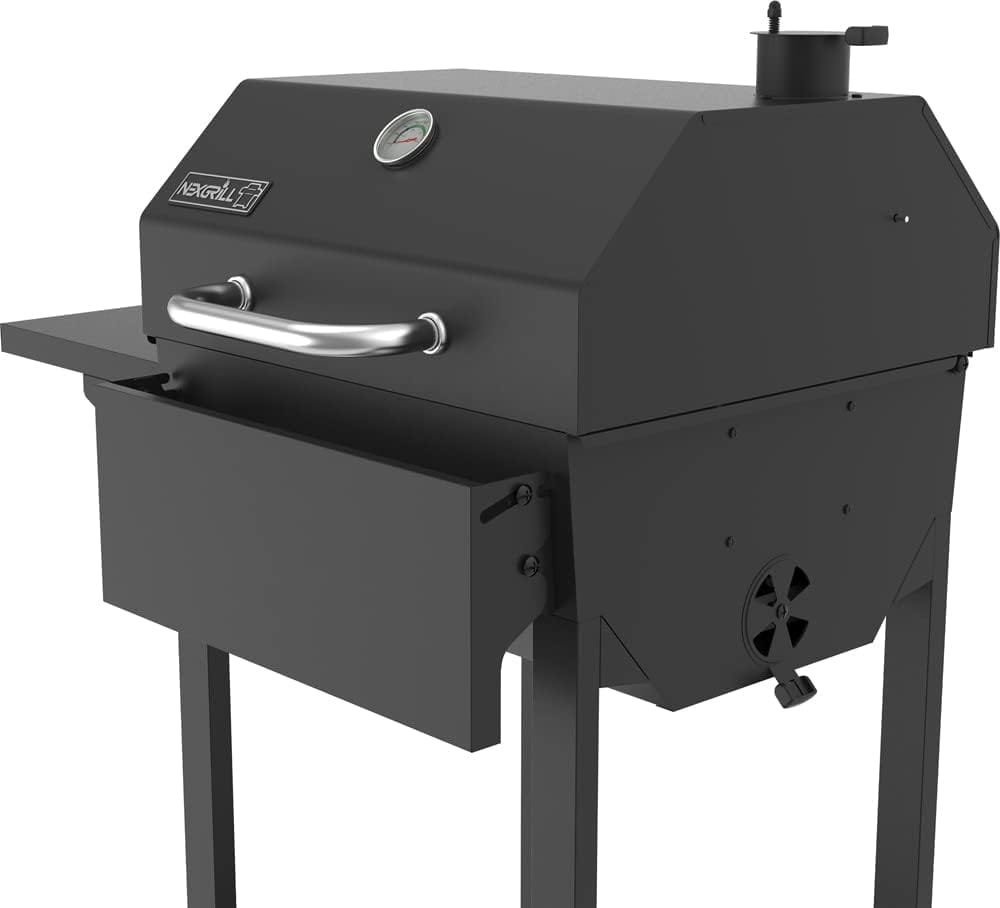 Nexgrill 17.5 Charcoal Grill with Side Shelf, 349 SQ In Cooking Space, Adjustable Chimney, Air Dampers, Temperature Gauge, Warming Rack, Barrel Smoker Grill for Camping, Picnics, and More - 810-0063
