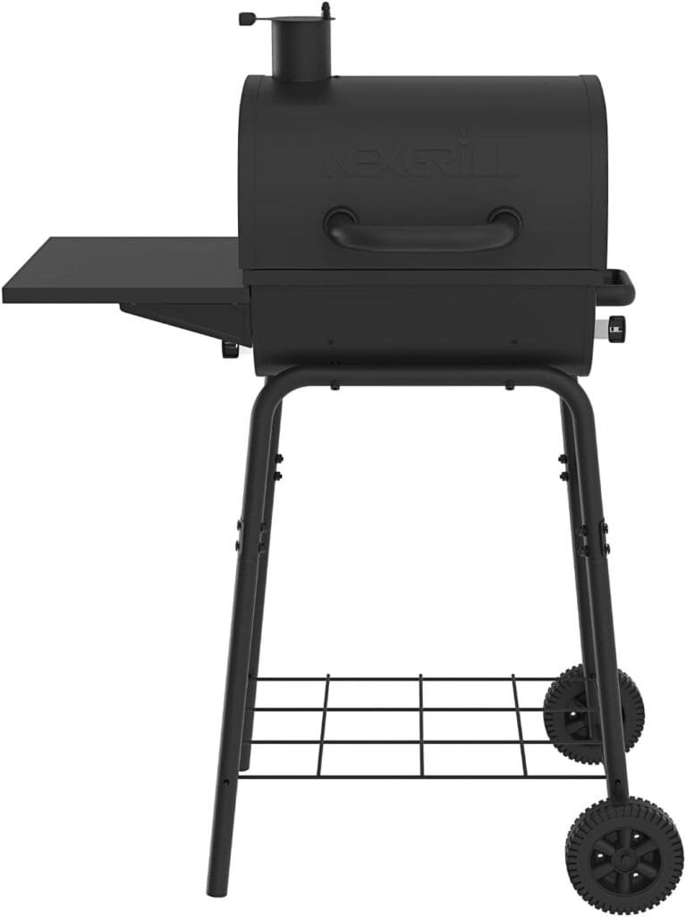 Nexgrill 17.5 Charcoal Grill with Side Shelf, 349 SQ In Cooking Space, Adjustable Chimney, Air Dampers, Temperature Gauge, Warming Rack, Barrel Smoker Grill for Camping, Picnics, and More - 810-0063