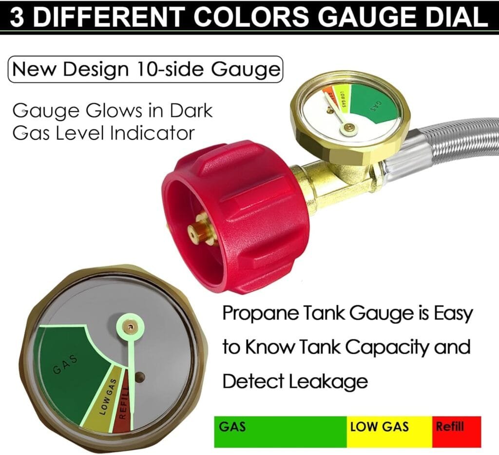 2 PCS RV Propane Hose with Gauge 15 Inch Stainless Steel Braided Camper Tank Hose Rv lp Gas Hoses Connector for Standard 2 Stage Propane Regulator 40Lb tank with 1/4 Inverted Male Flare/QCC1 Fitting