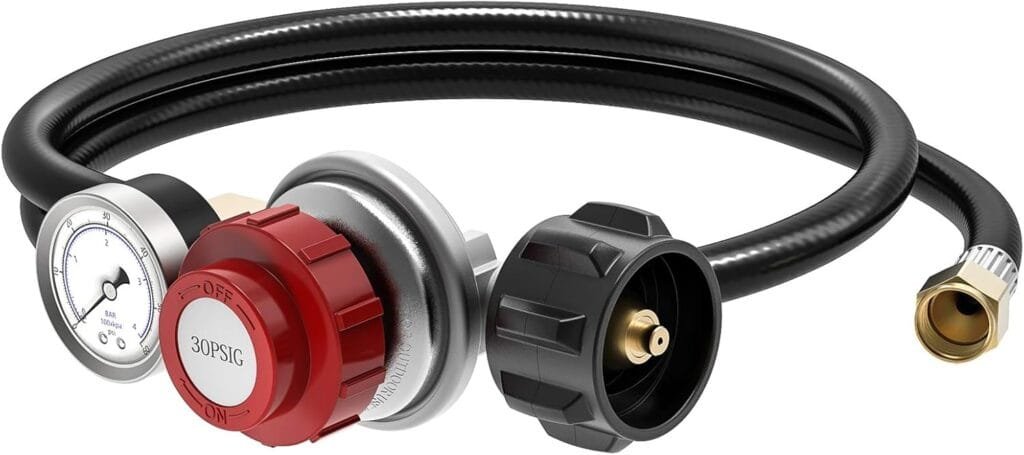 Kohree 4FT Adjustable Propane Regulator with Hose High Pressure, 0-30  0-60 PSI Gauges  ⅜ Flare Fitting for Fire Pit, Fryers, Burners, Heaters, QCC1 Tank, BBQ Grill, Smoker, Cooker, Stoves