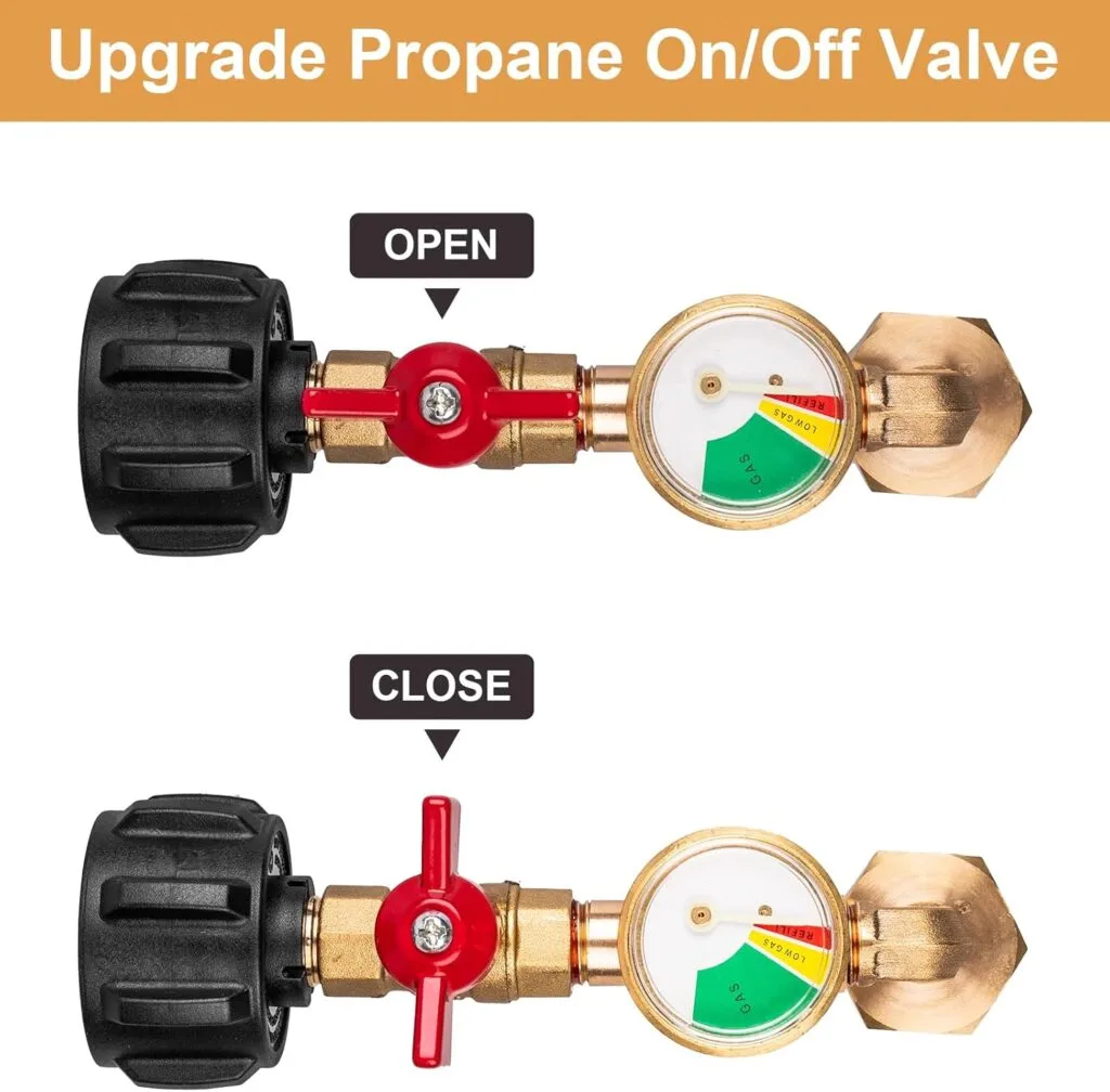 Upgraded Propane Refill Adapter 20lb to 1lb Converter, Design with Valve and Gauge, QCC1 Propane Refill Adapter 90-Degree Elbow, with ON/Off Control Fill 1 lb Tanks from 5-40 LB Propane Tank