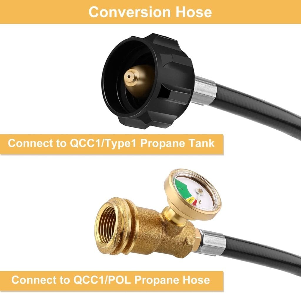 WADEO 12 FT Propane Extension Hose with Gauge, Leak Detector Replacement Propane Hose for Propane Tank, Portable Grill, BBQ Grill, Heater and Most Propane Appliances, Acme to Male QCC/POL Fittings