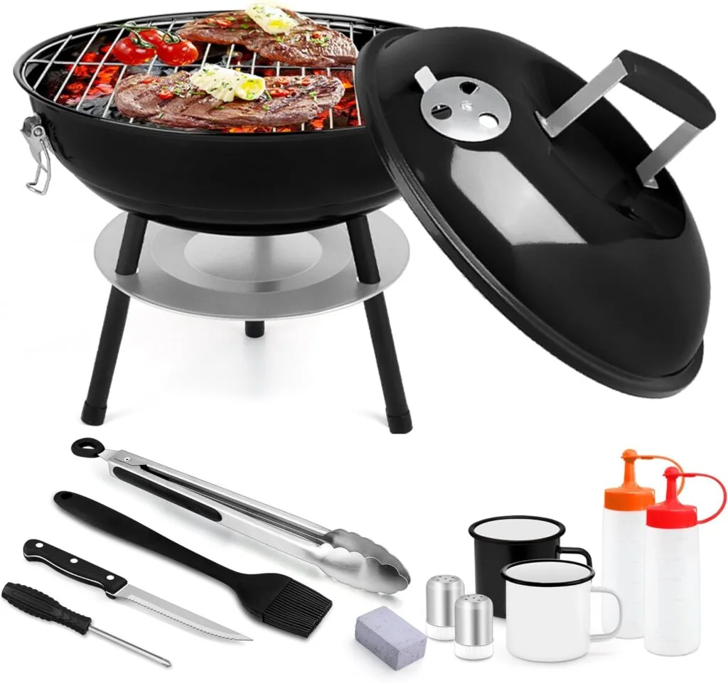 14in Charcoal Grill with Tools (12Pcs), Joyfair Portable Camping BBQ Grilling Smoker with Enamel Mugs for Outdoor Barbecue/Tabletop Cooking, Enamel Coated  Lightweight, Include Knife  Food Tong