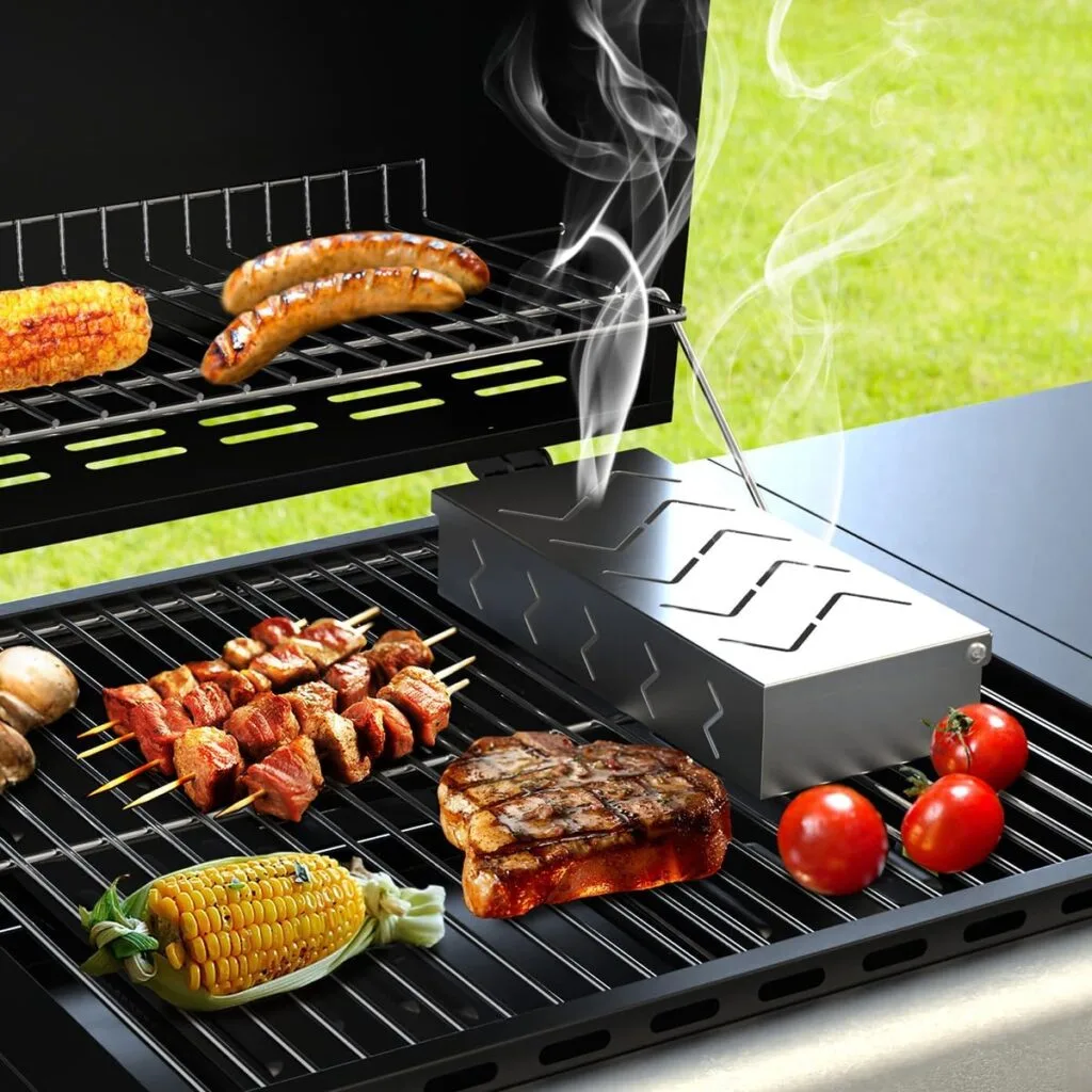 Grill Smoker Box, Stainless Steel Food Safe, Works with Wood Chips Smoked BBQ Flavor, Hinged Lid,Warp Free Grill Accessories (1pcs, 9x4 inches)
