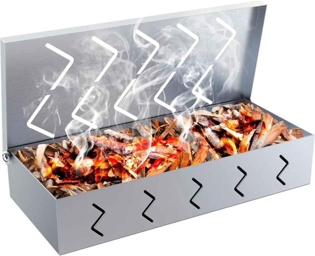 Grill Smoker Box, Stainless Steel Food Safe, Works with Wood Chips Smoked BBQ Flavor, Hinged Lid,Warp Free Grill Accessories (1pcs, 9x4 inches)
