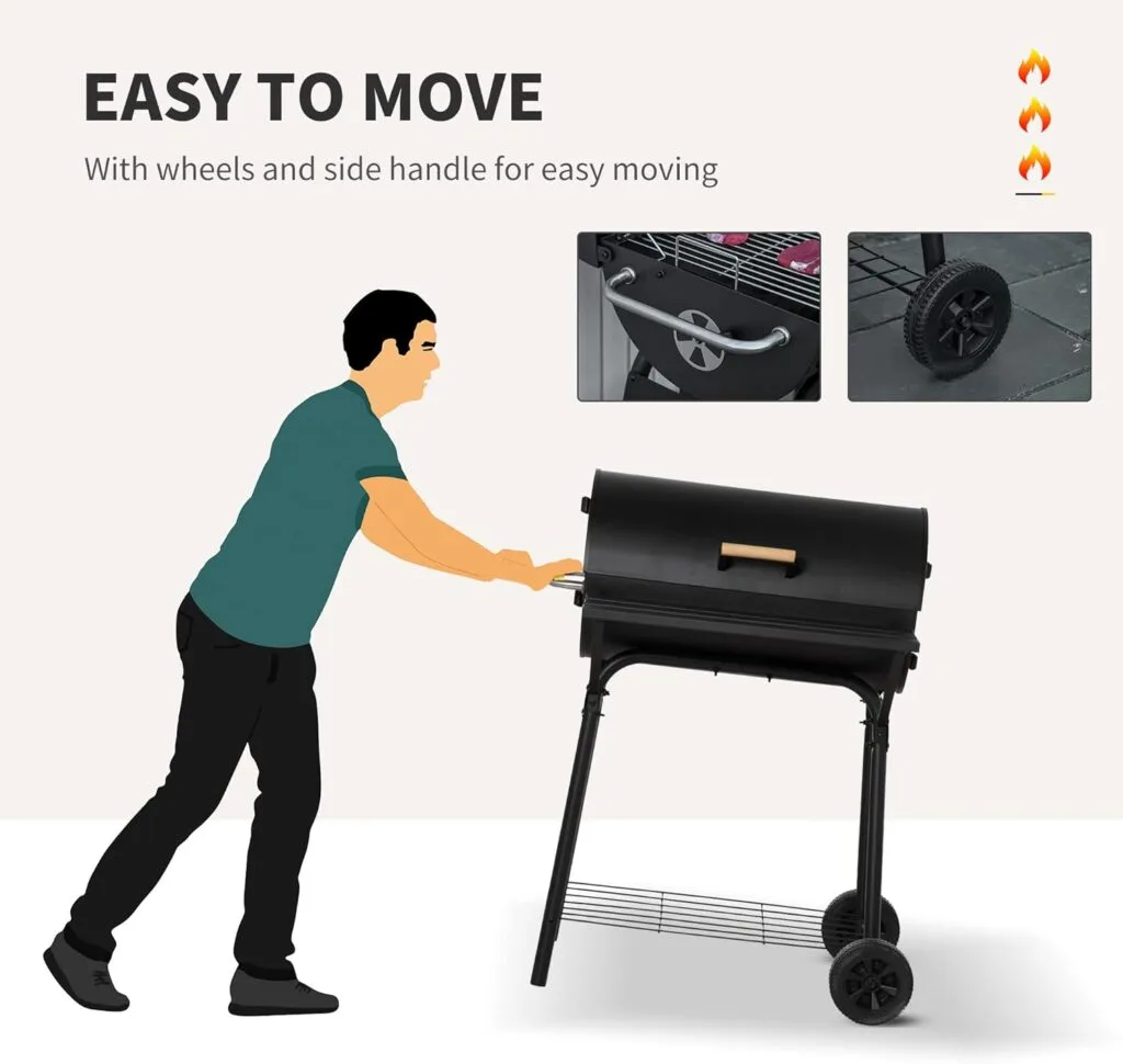 Outsunny 30 Portable Barrel Charcoal BBQ Grill, Steel Outdoor Barbecue Smoker with 370 Square Inches Cooking Space, Storage Shelf, Wheels for Garden Camping Picnic, Black Outsunny 30 Portable Barrel Charcoal BBQ Grill, Steel Outdoor Barbecue Smoker with 370 Square Inches Cooking Space, Storage Shelf, Wheels for Garden Camping Picnic, Black