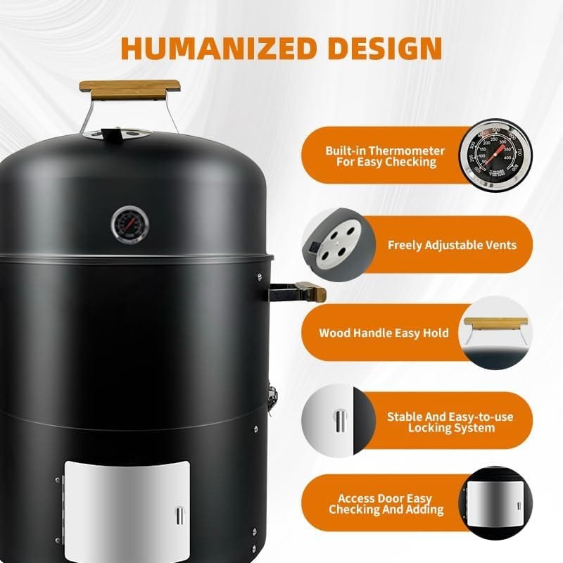 Joyagrill 17-1/2 3-IN-1 Smoke grill Built in termometer, Air Vent and Access Doors Multi-Layer Heavy duty Smoke BBQ with 3 wooden Handles for 8-20 Parties Backyard