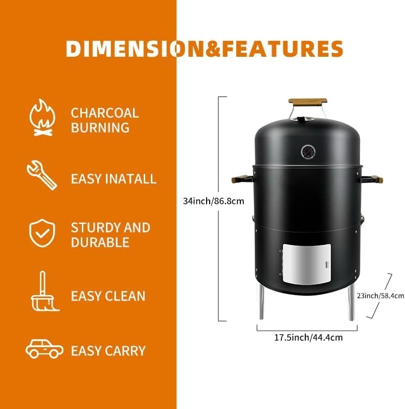 Joyagrill 17-1/2 3-IN-1 Smoke grill Built in termometer, Air Vent and Access Doors Multi-Layer Heavy duty Smoke BBQ with 3 wooden Handles for 8-20 Parties Backyard