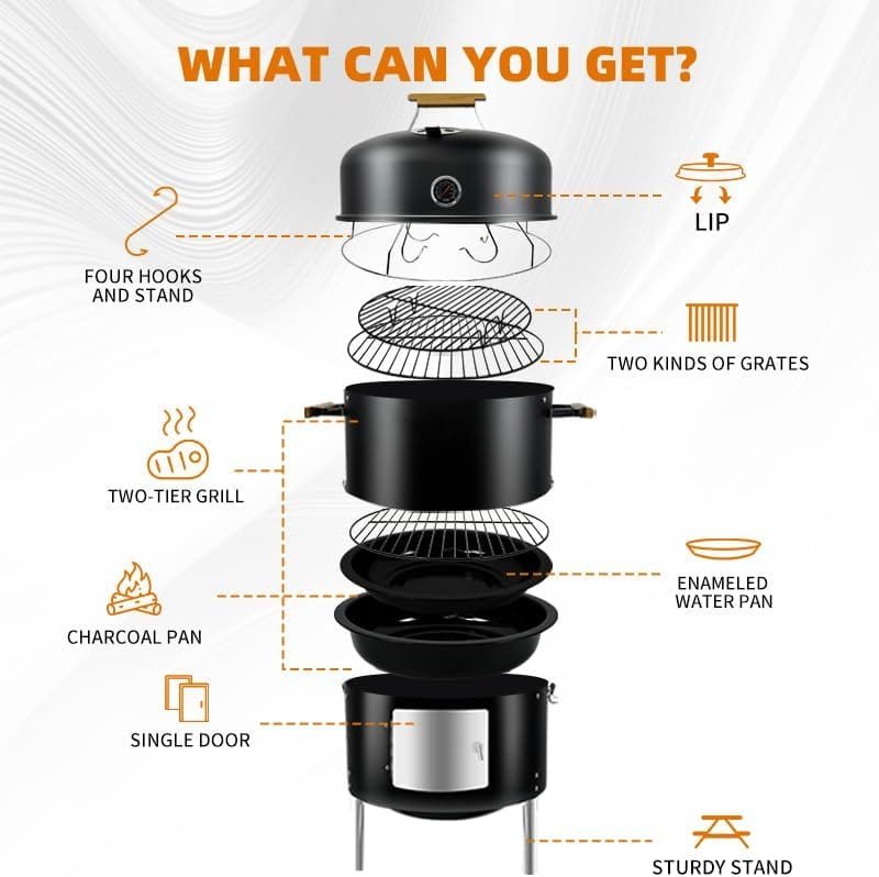 Joyagrill 17-1/2 3-IN-1 Smoke grill Built in termometer, Air Vent and Access Doors Multi-Layer Heavy duty Smoke BBQ with 3 wooden Handles for 8-20 Parties Backyard