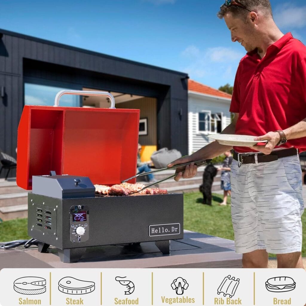 Portable Pellet Grill, Pellet Smoker with Digital Control, LED Screen, Meat Probe,for Outdoor Camping  Backpacking - Lightweight, Stainless Steel - Perfect for Hiking, RV, Red
