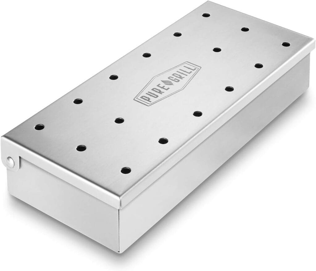 Pure Grill BBQ Smoker Box - Heavy Duty Stainless Steel with Hinged Lid for Wood Chips - Barbecue Meat Smoking for Charcoal and Gas Grills