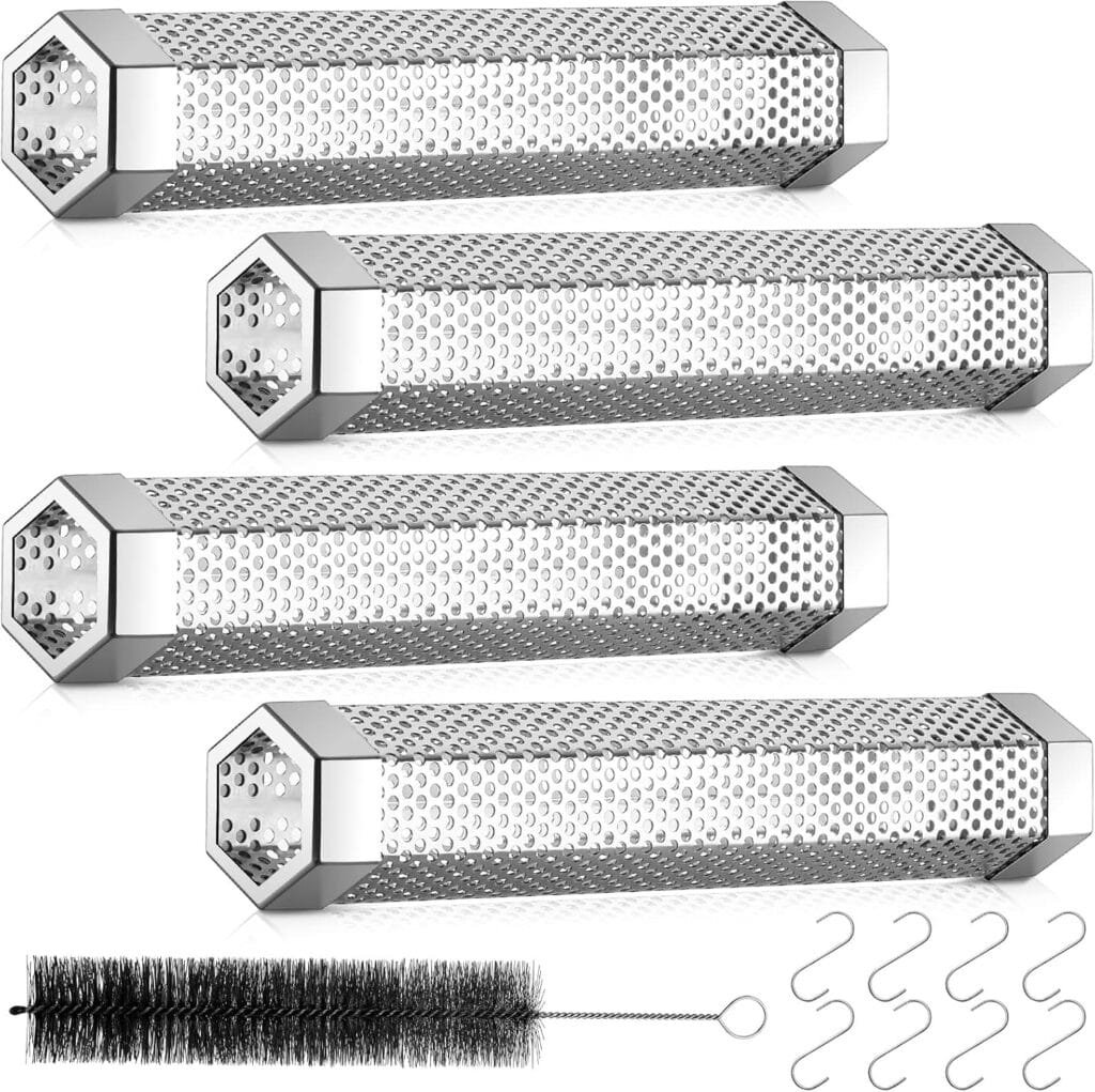 4 Pcs Pellet Smoker Tube Inch Stainless Steel BBQ Wood Pellet Tube for Smoking with Cleaning Brush and S Shape Hooks for Hours of Billowing Cold Hot Smoking