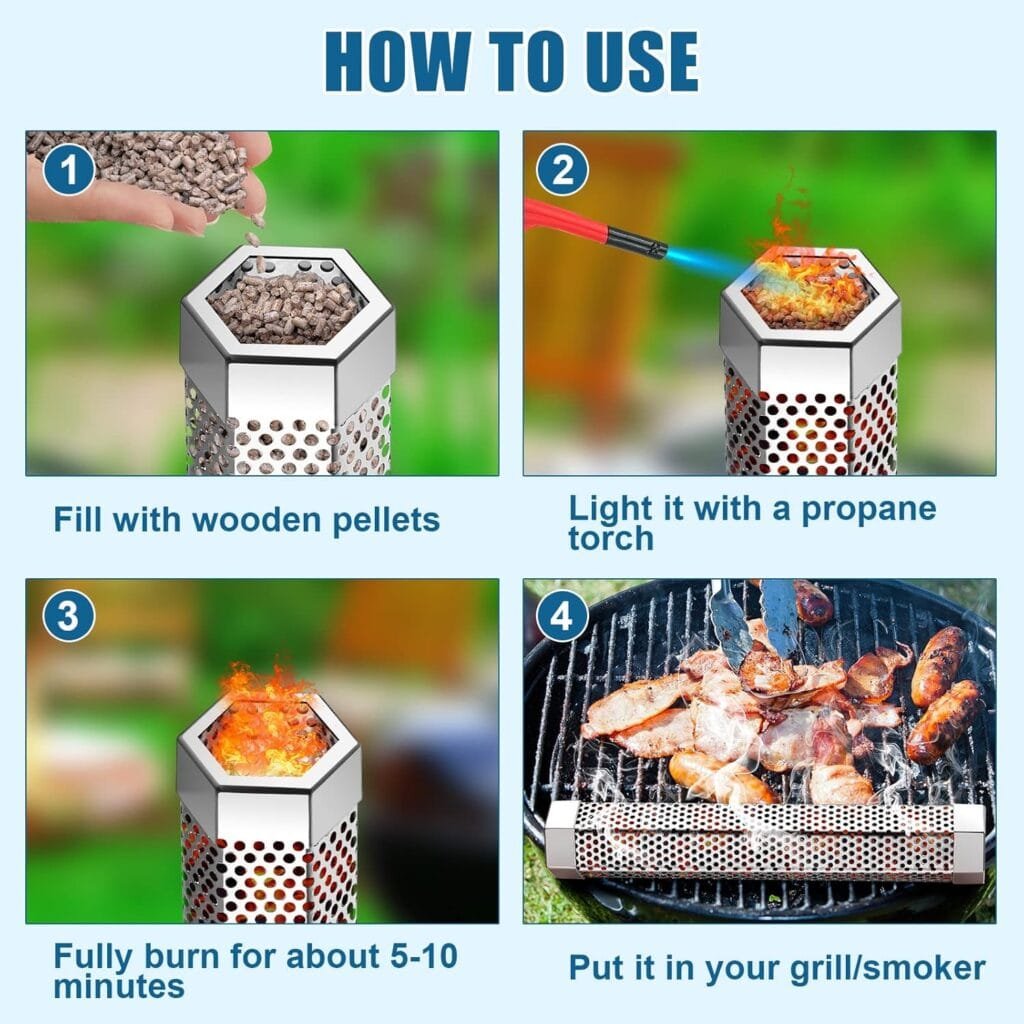 4 Pcs Pellet Smoker Tube Inch Stainless Steel BBQ Wood Pellet Tube for Smoking with Cleaning Brush and S Shape Hooks for Hours of Billowing Cold Hot Smoking