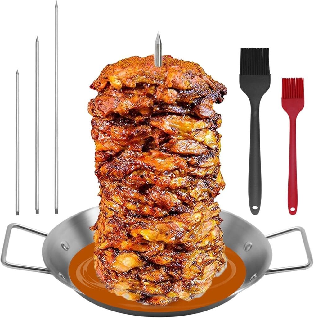 Al Pastor Skewer for Grill, Stainless Steel Vertical Skewer, Brazilian Vertical Spit Stand with Removable Spikes(8”/10/12”) Brushes, for Tacos Al Pastor, Shawarma Kebabs Smoker Oven BBQ Dishes