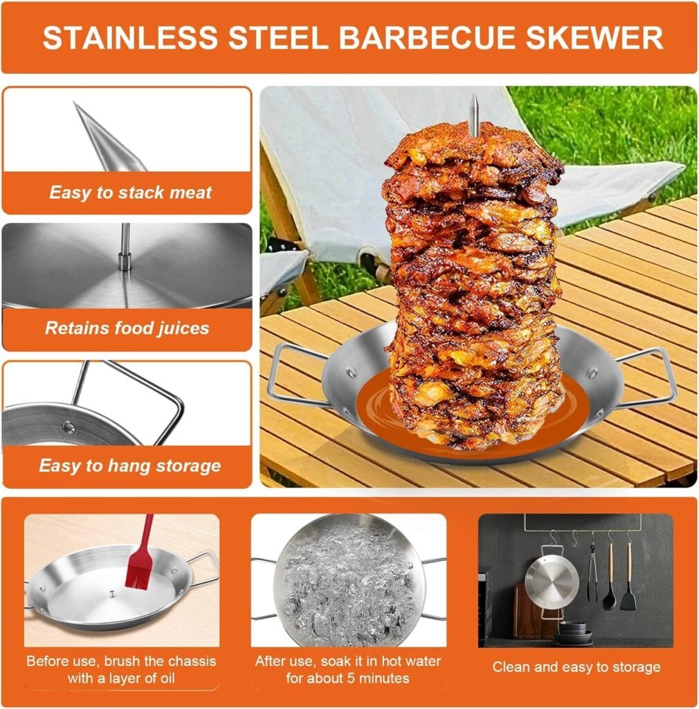 Al Pastor Skewer for Grill, Stainless Steel Vertical Skewer, Brazilian Vertical Spit Stand with Removable Spikes(8”/10/12”) Brushes, for Tacos Al Pastor, Shawarma Kebabs Smoker Oven BBQ Dishes