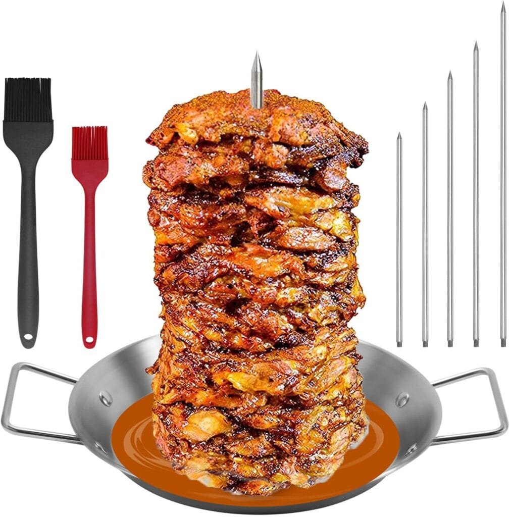 Al Pastor Skewer for Grill, Stainless Steel Vertical Skewer, Brazilian Vertical Spit Stand with Removable Spikes(8”/10/12”) Brushes, for Tacos Al Pastor, Shawarma Kebabs Smoker Oven BBQ Dishes
