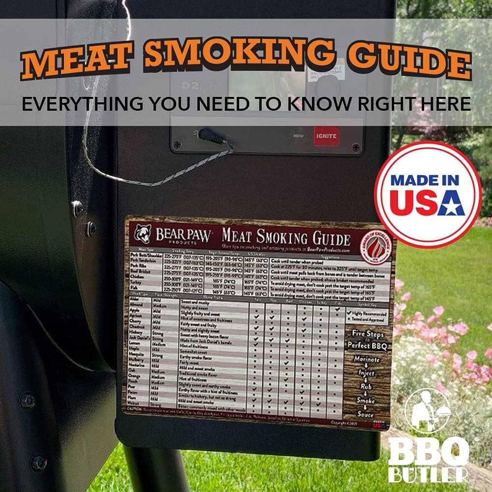 Bear Paws Meat Smoking Guide Magnet - Smoker Accessories - Grilling/BBQ Quick Reference Smoking Chart - Wood Chips - Wood Pellets - Time and Temperature