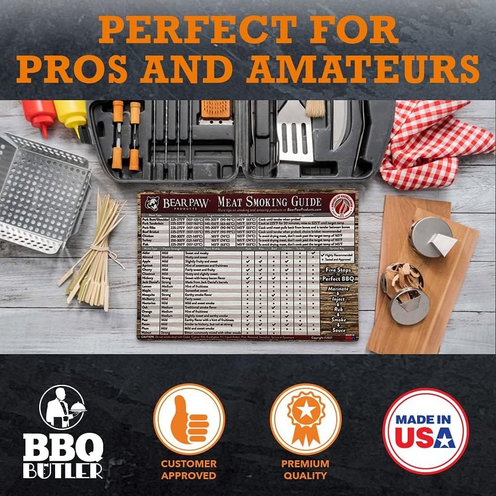 Bear Paws Meat Smoking Guide Magnet - Smoker Accessories - Grilling/BBQ Quick Reference Smoking Chart - Wood Chips - Wood Pellets - Time and Temperature
